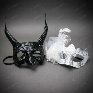 Black Devil Horn Demon Mask & White Tulle Glitter Masquerade Couple Mask Set